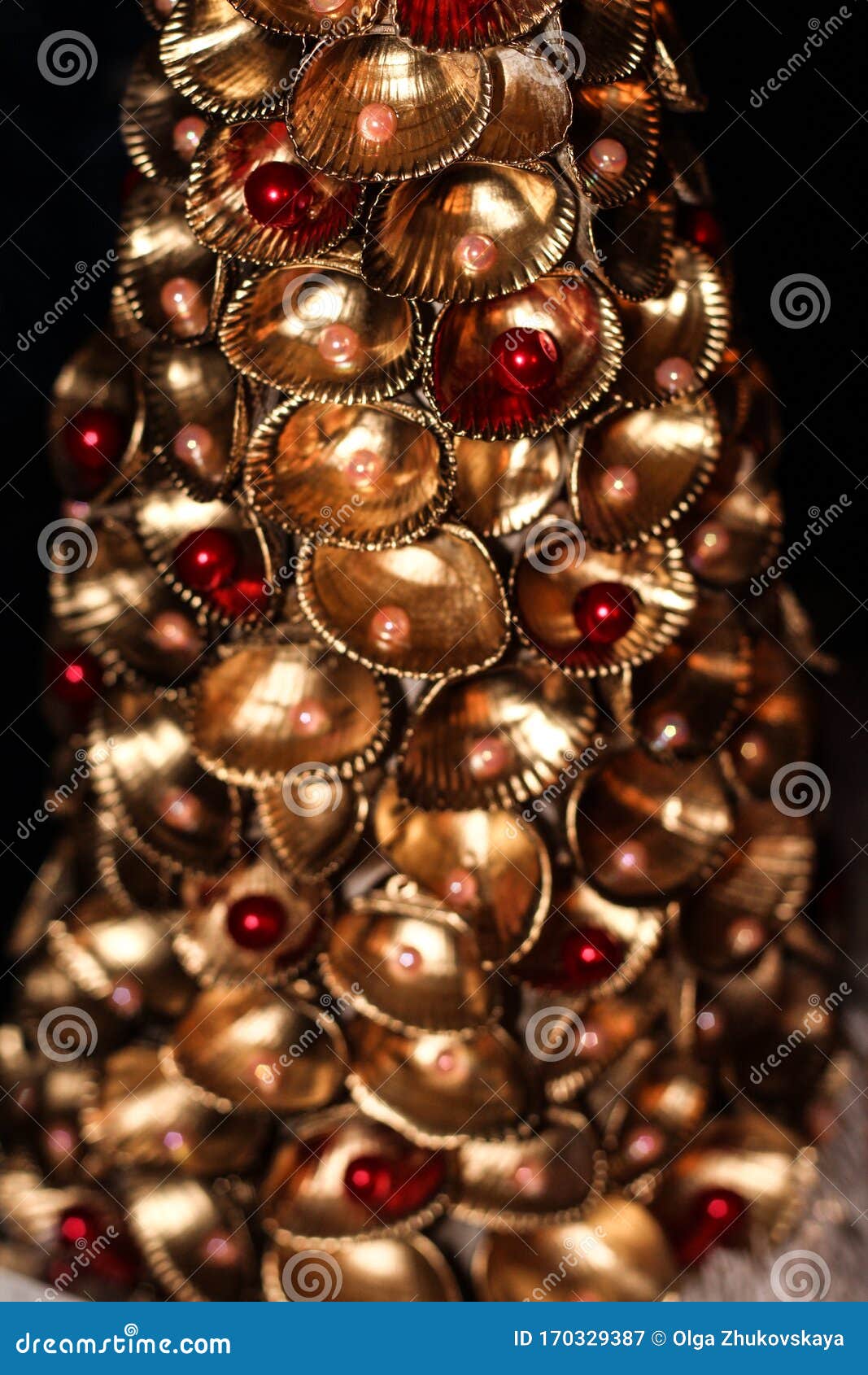 Handmade Golden Christmas Tree with Beads Made from Sea Shells