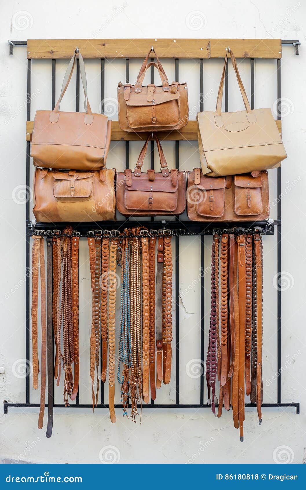 Handmade Leather Bags and Belts for Sale Stock Photo - Image of ...