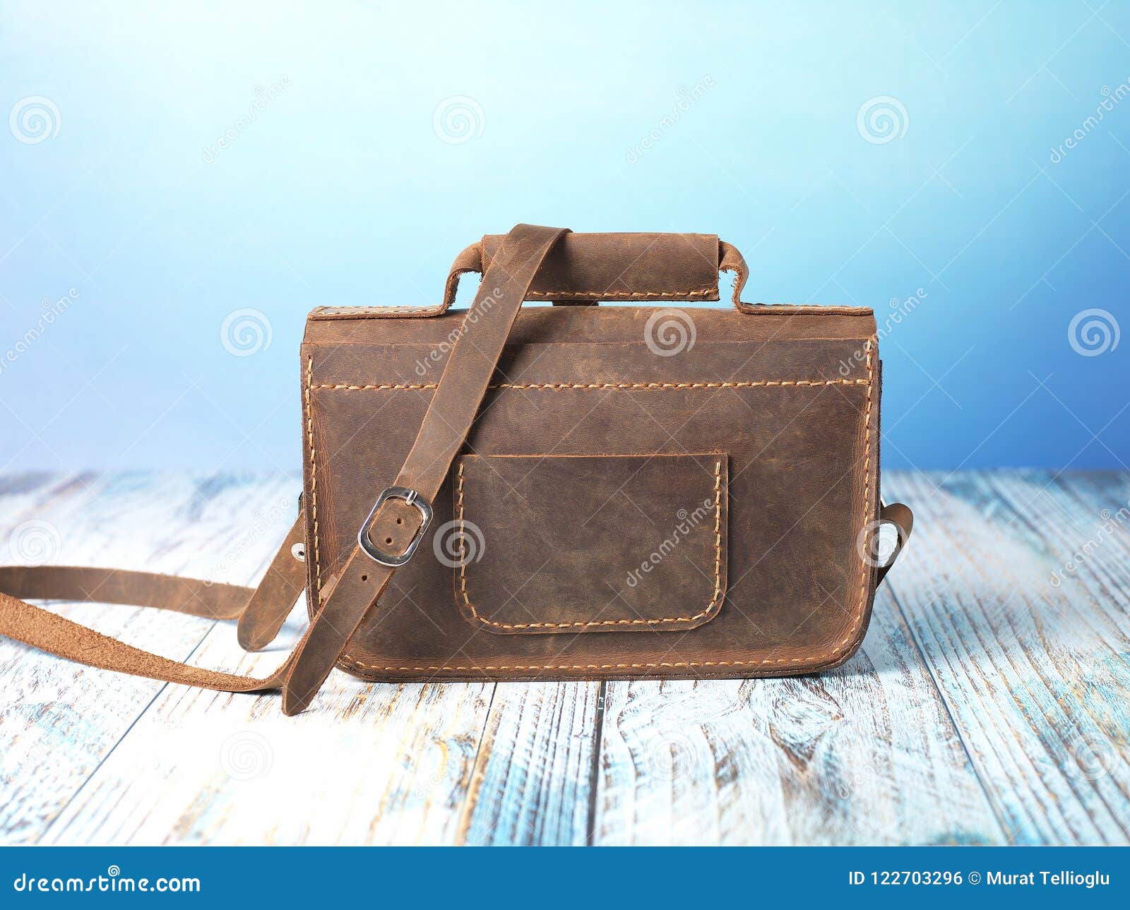 Handmade Leather Messenger Bag Stock Photo Image of brown, hand
