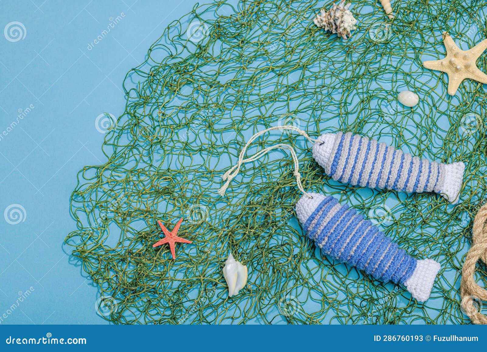 Handmade Marine Background. Crocheted Sardine Fishes, Nautical