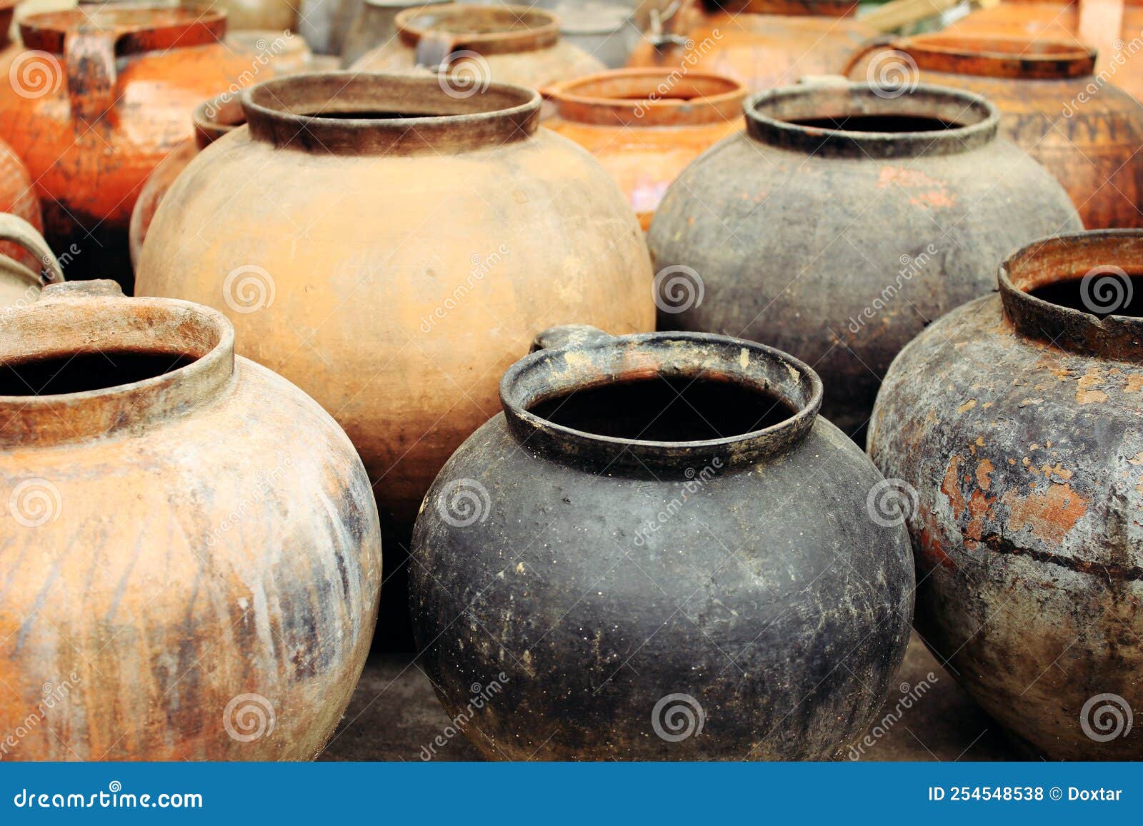 Handmade Old Clay Pots, Decorative Ukrainian Craft Ceramic Stock Photo