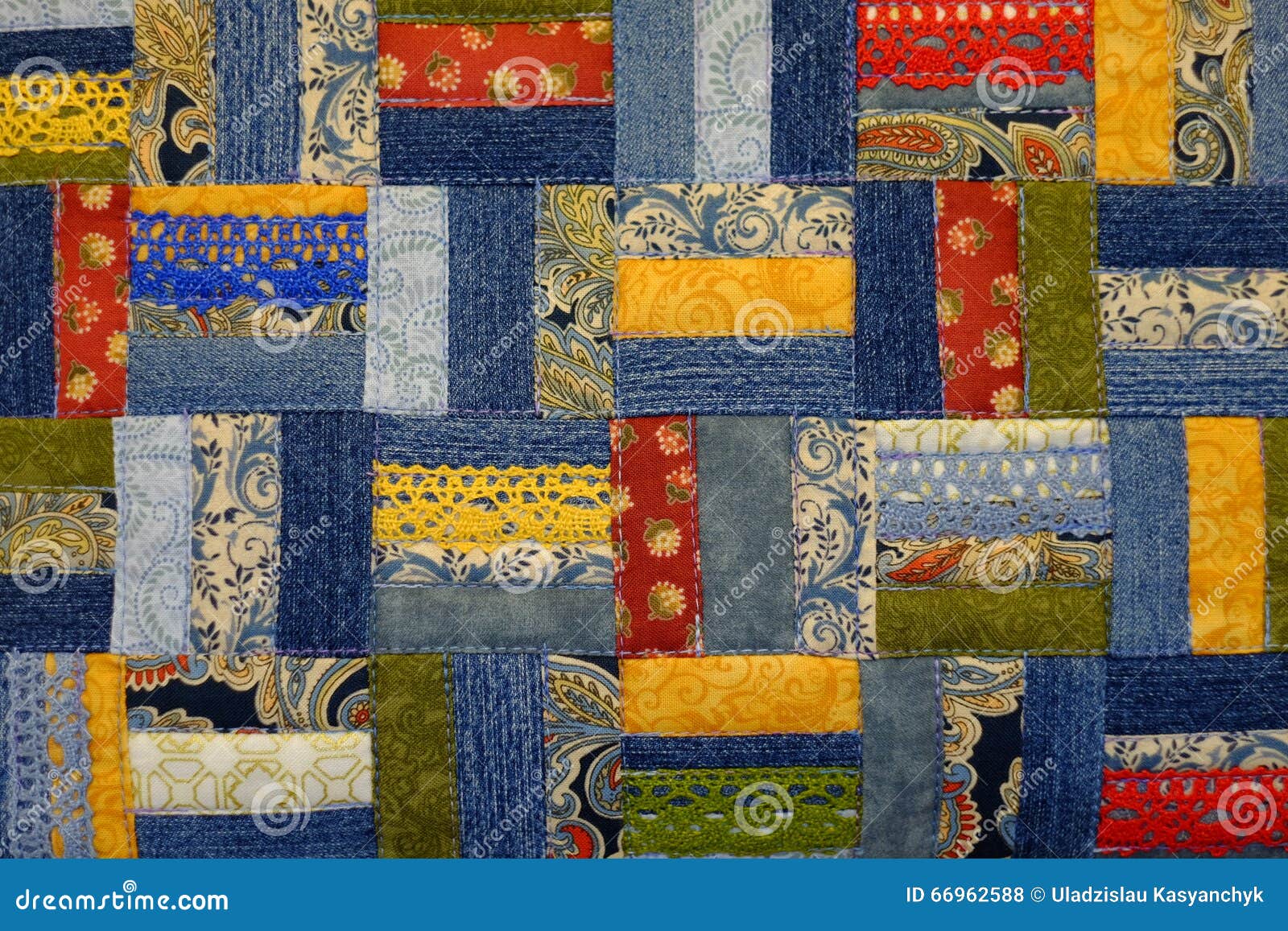 The Handmade Patchwork Made of Pattern of Blue Denim, Colorful