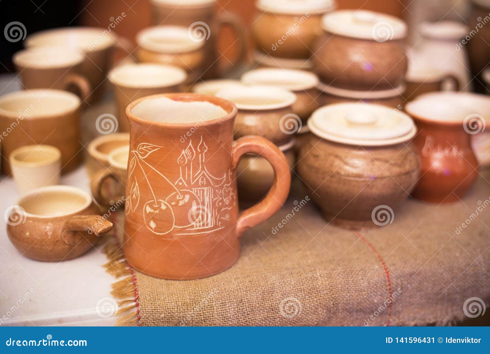 Handmade Pottery, Ceramic. Clay Pots, Jug And Cups Stock Image Image