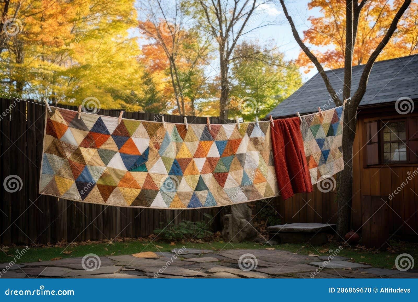 Handmade Quilt Drying on Rustic Clothesline Stock Photo Image of