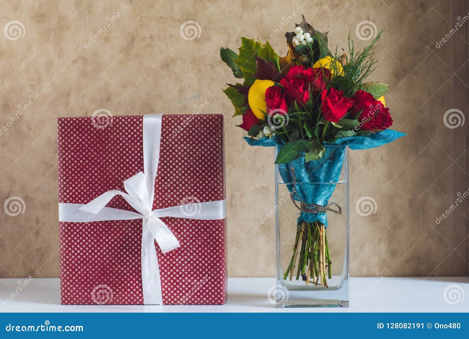 Gift box with flowers stock image. Image of ornament 128082191