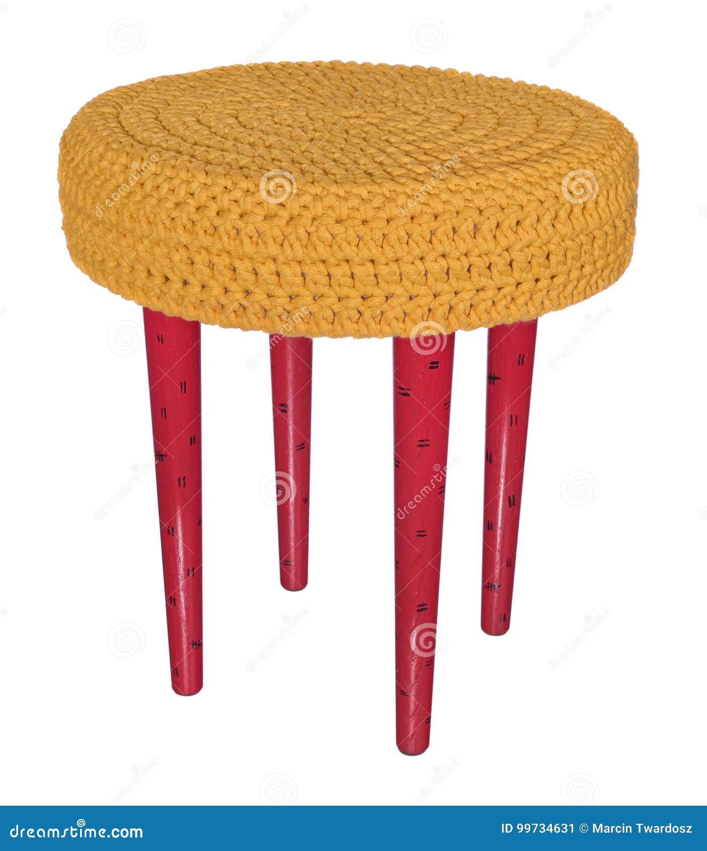 Handmade Stool Red In Black Patterns Round Seat In Yellow Woolen