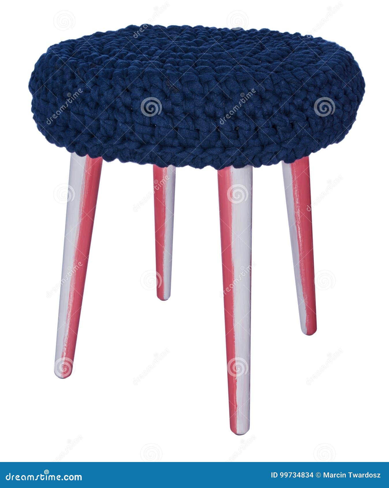 Handmade Stool Pink White Patterns Round Seat In Blue Material
