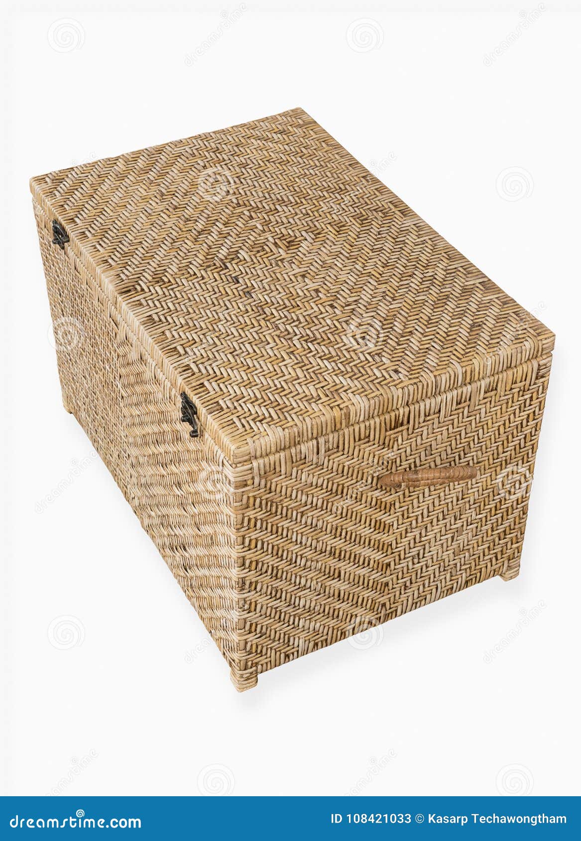 Handmade Wooden Wicker Basket with Lid and Handle on Isolated on Stock