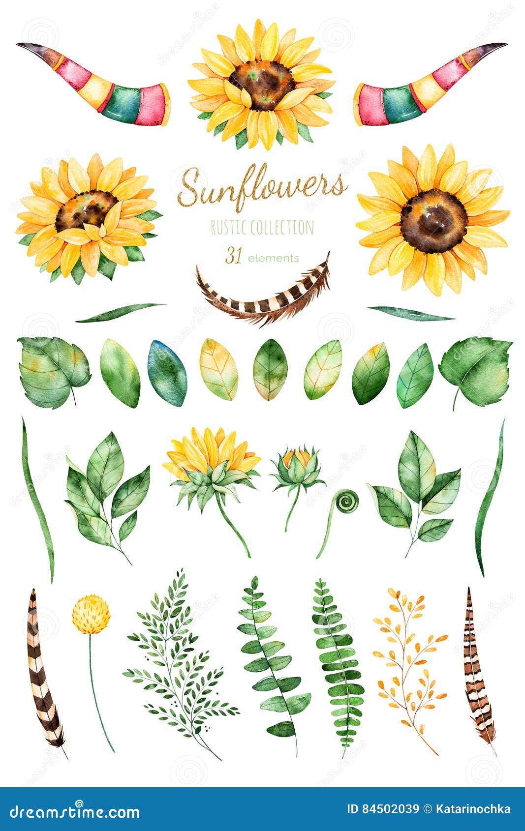 handpainted watercolor sunflowers.31 bright watercolor clipart of sunflowers,leaves,branches,feathers,deer horns.