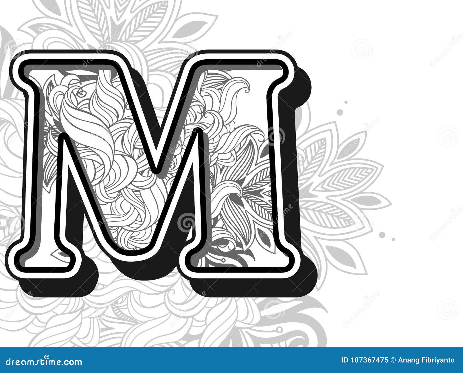 zentangle stylized alphabet letter m. handrawn alphabetical doodles in zentangle stylized