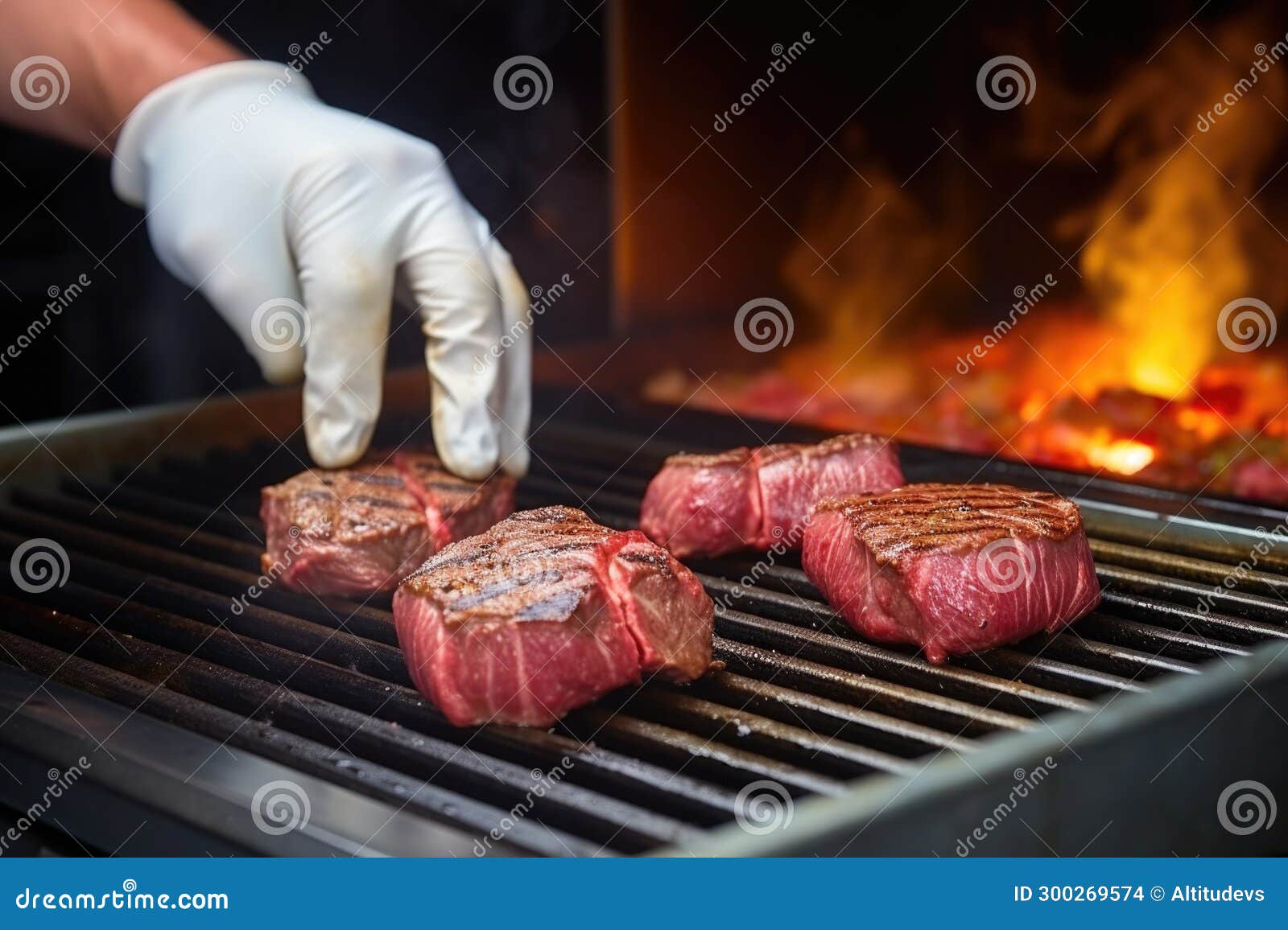 Hands Adjusting Grill Temperature with Steaks in Backdrop Stock Photo