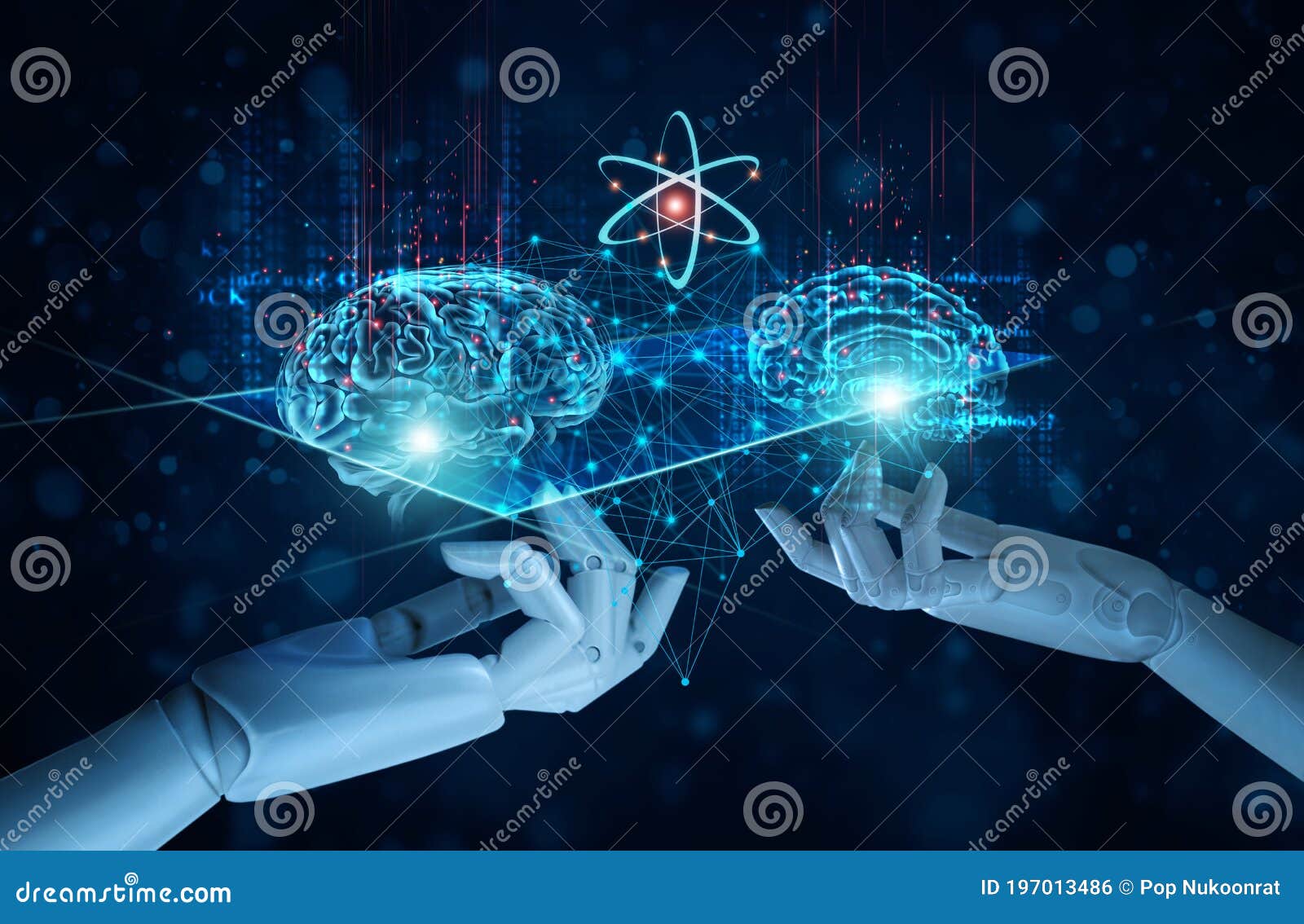 hands of artificial intelligence ai touching a brains, ic, machine learning, of futuristic technology. big data, science