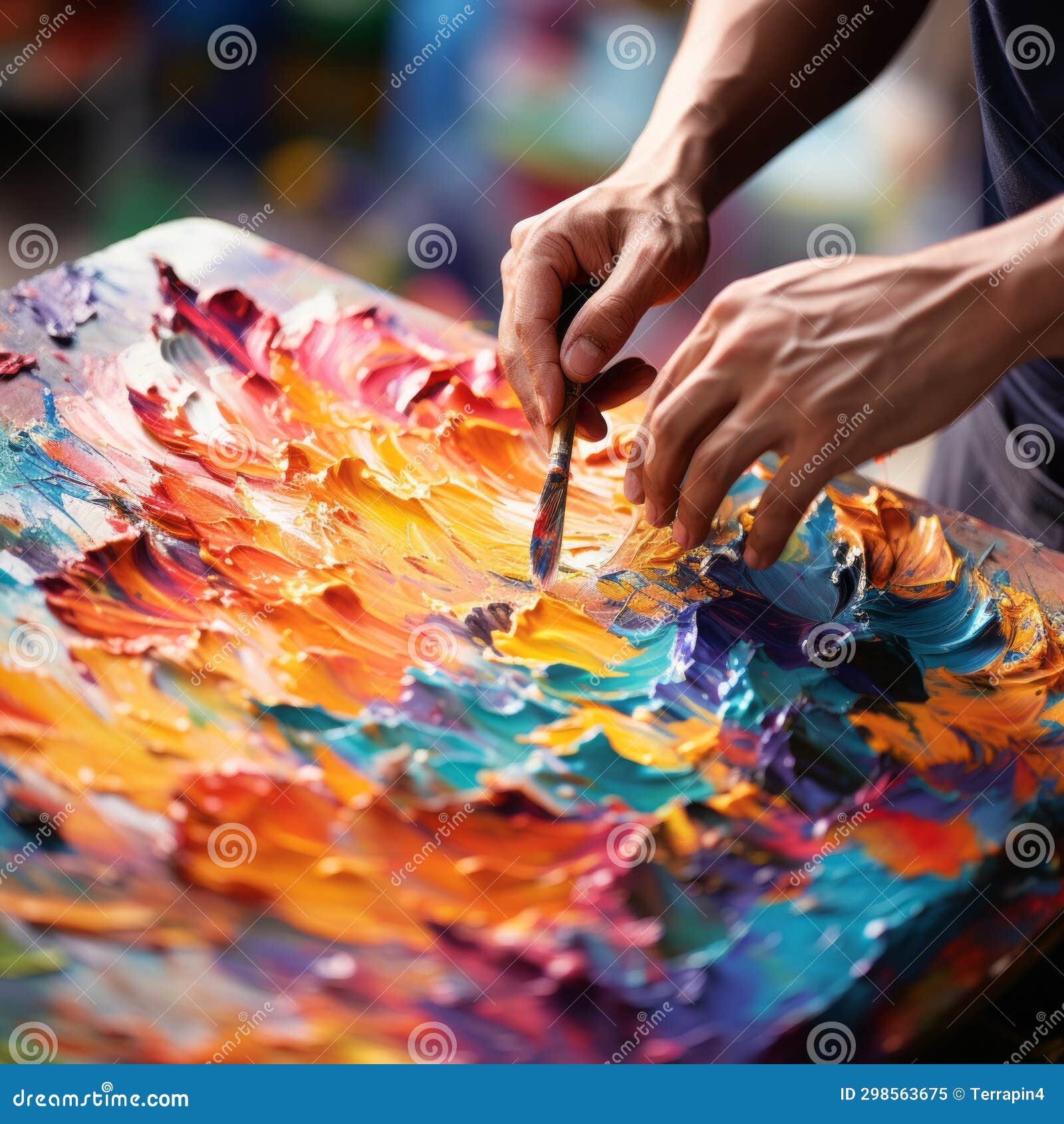 hands of the artist, painting with oil acrylics with beautifully bright paint,