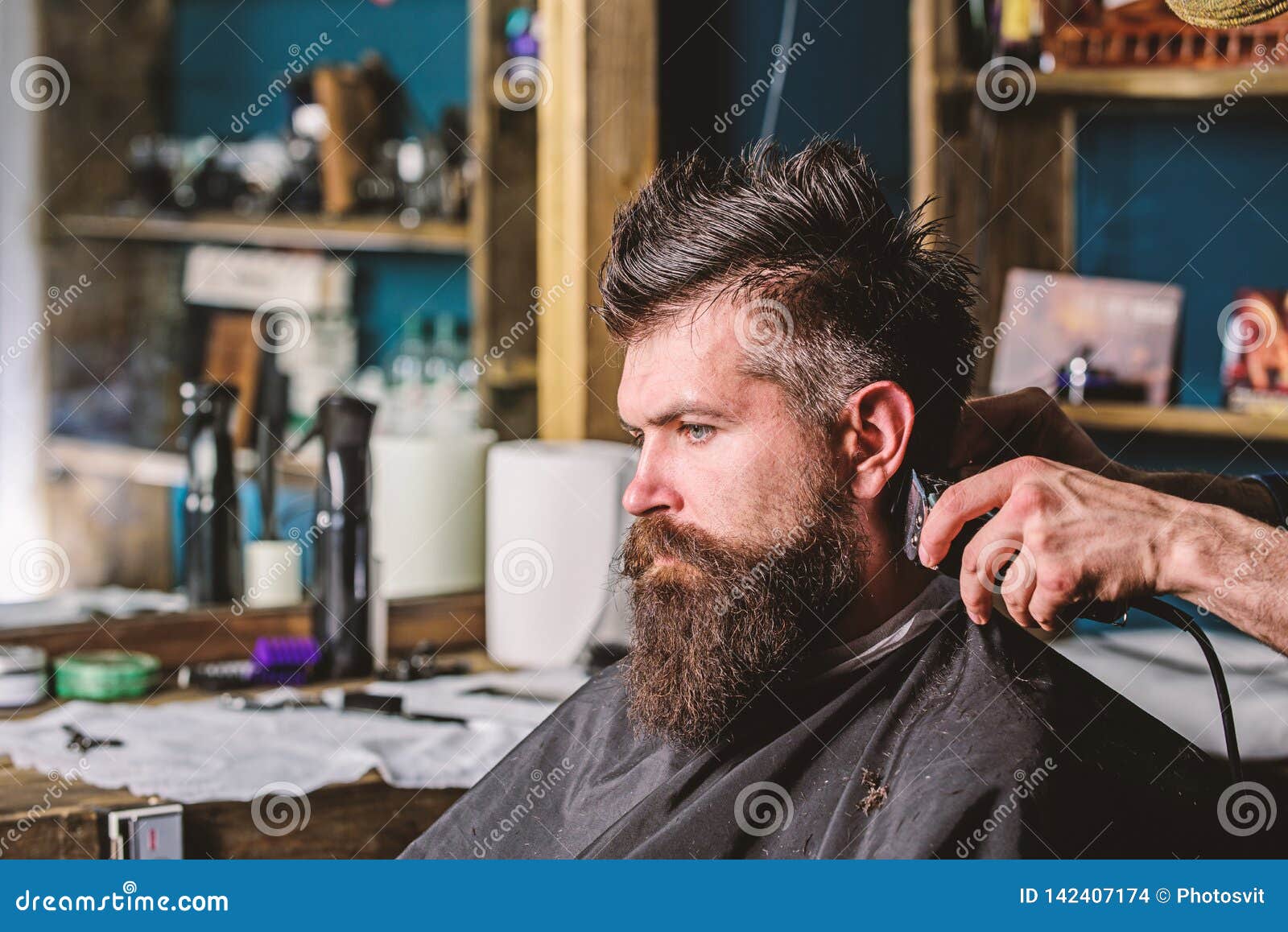 Hands Of Barber With Clipper And Comb, Close Up. Hipster Bearded Client ...