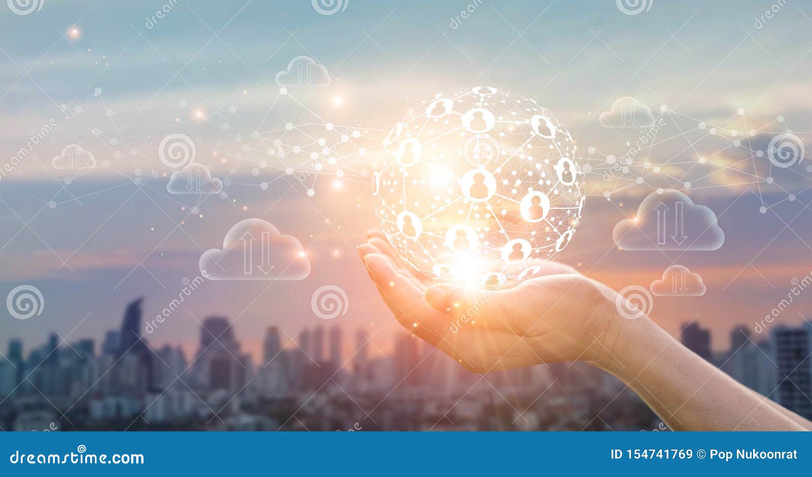 hands of business holding global structure networking and data exchanges customer connection on sunset background