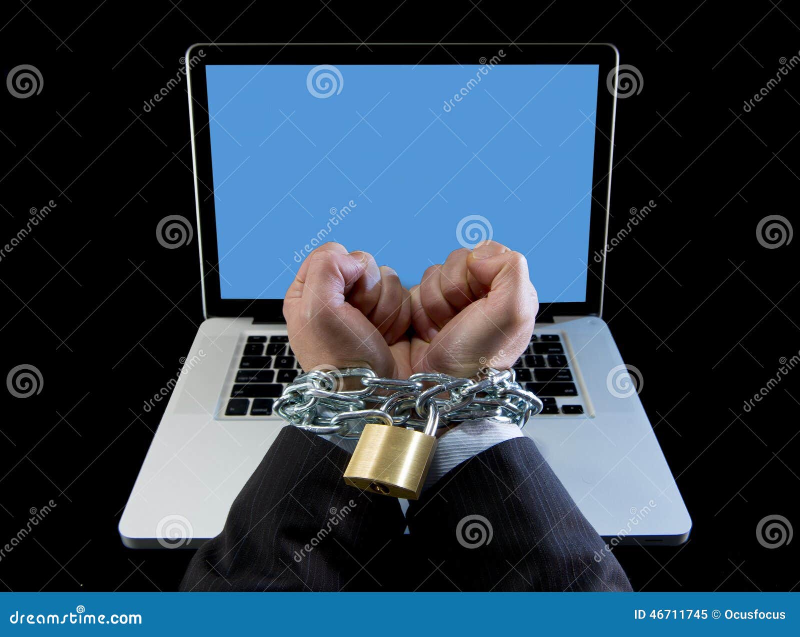 hands of businessman addicted to work bond with chain to computer laptop in workaholic