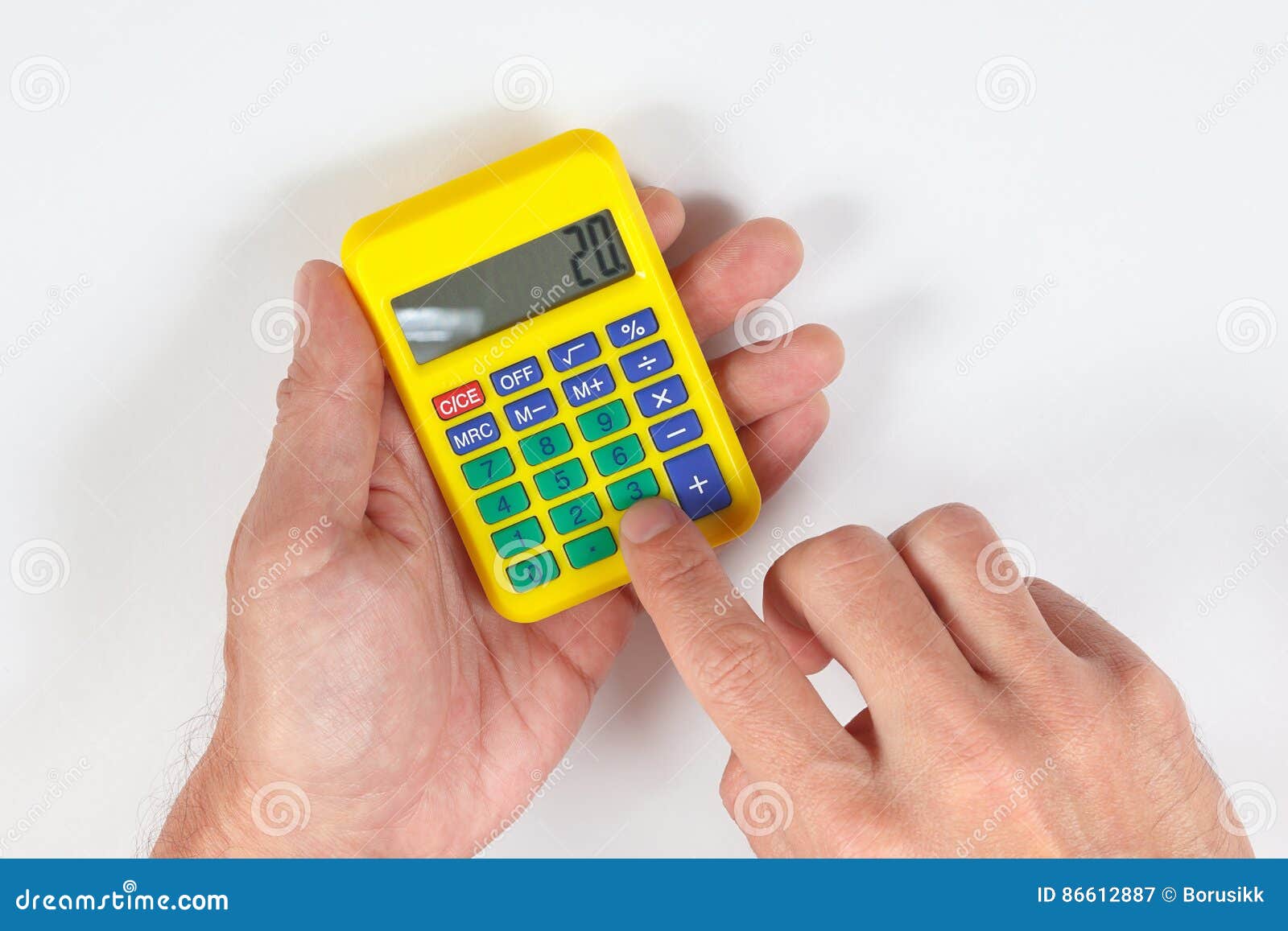 Hands Calculate Using a Calculator on White Background Stock Image
