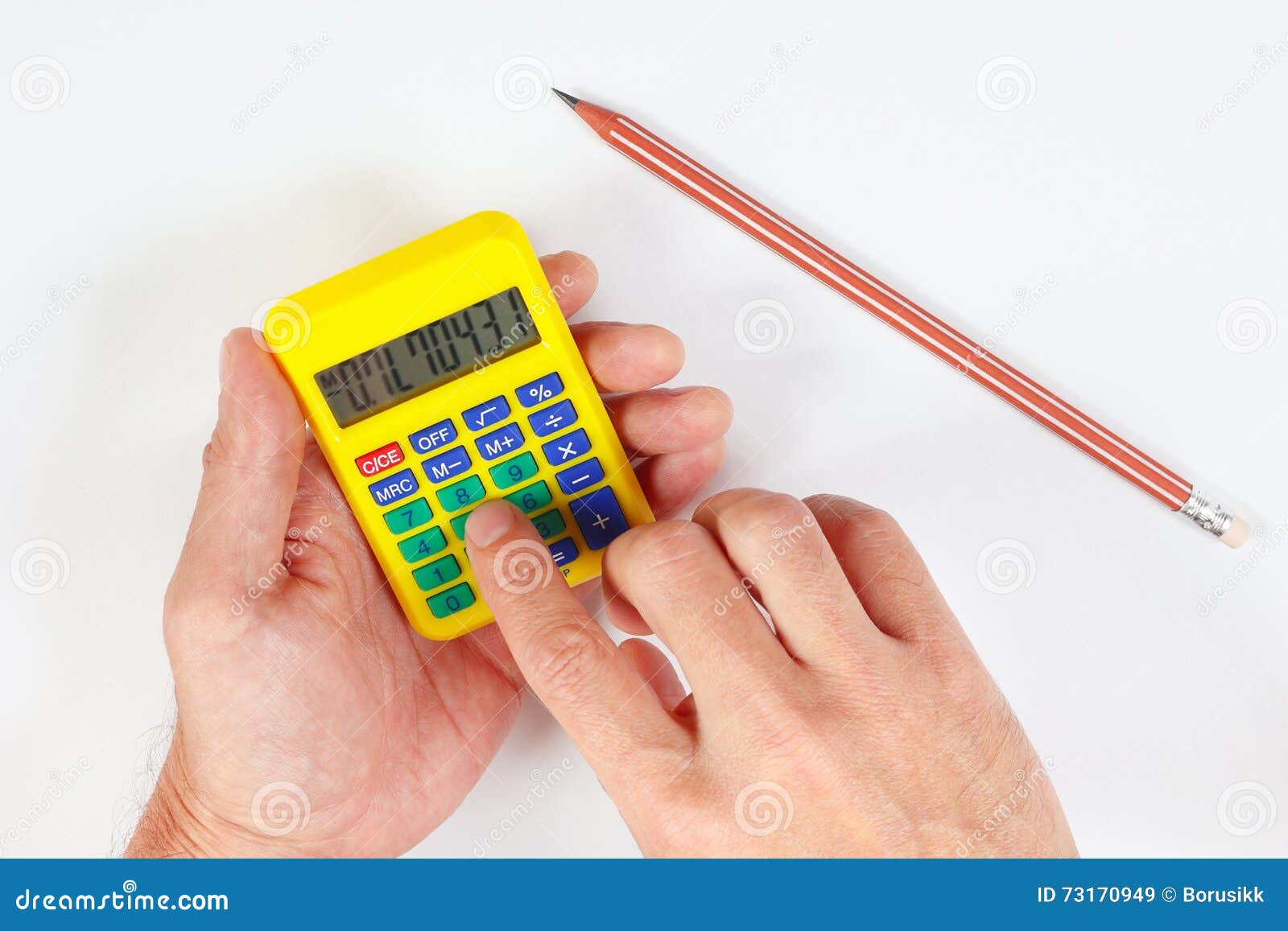 Hands Calculate Using a Pocket Digital Calculator on White Background