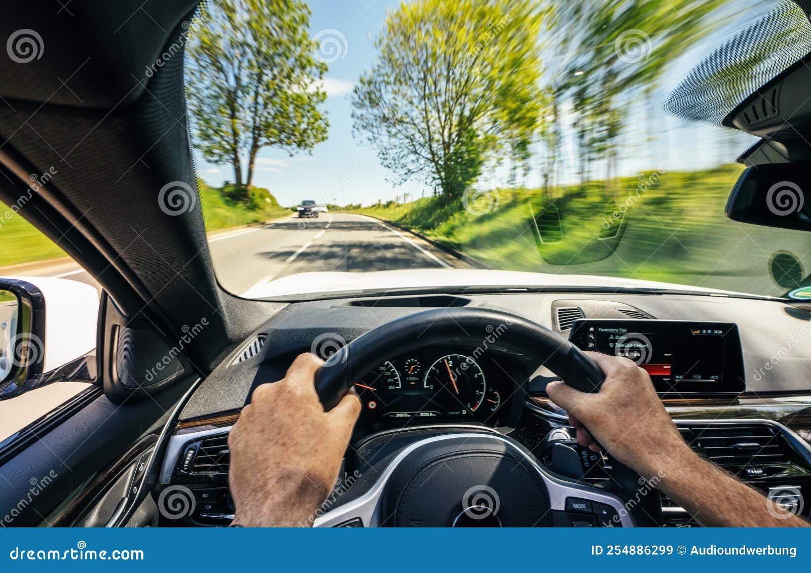 Hands of Car Driver on Steering Wheel, Road Trip, Driving on Highway