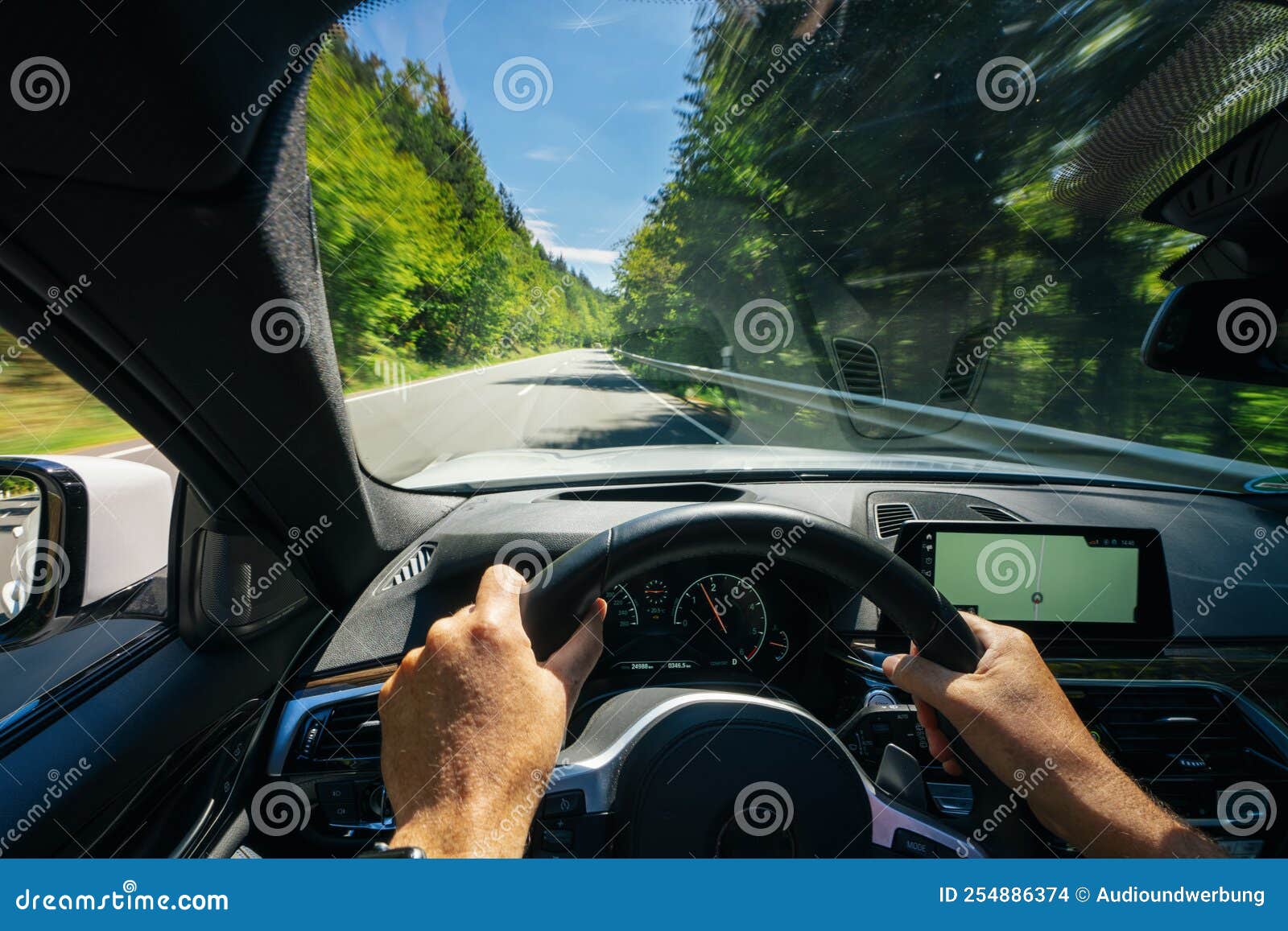 Hands of Car Driver on Steering Wheel, Road Trip, Driving on Highway