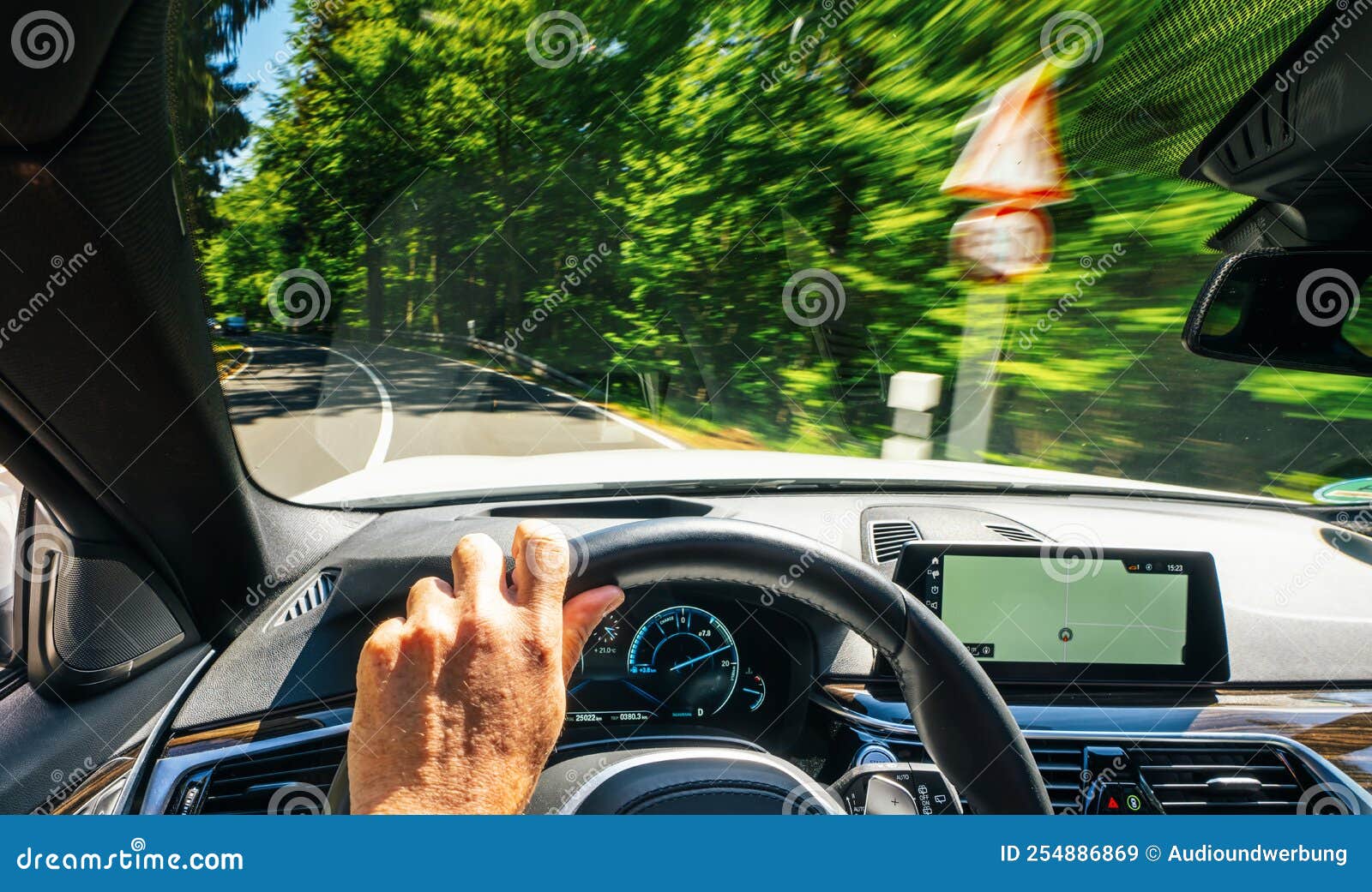 Hands of Car Driver on Steering Wheel, Road Trip, Driving on Highway