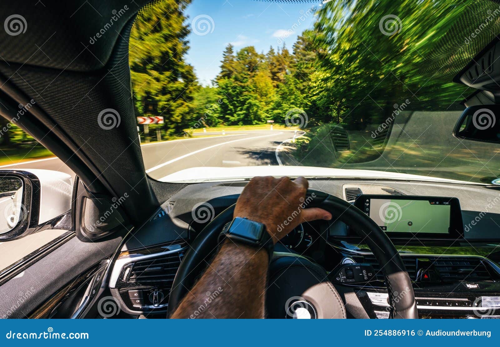 Hands of Car Driver on Steering Wheel, Road Trip, Driving on Highway