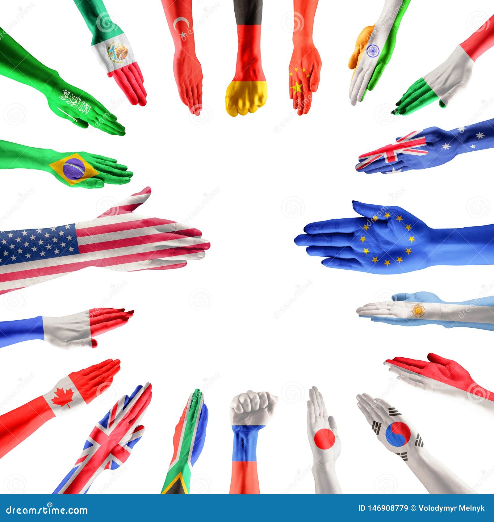 Hands Colored in Flags of Participating Countries of the Group of