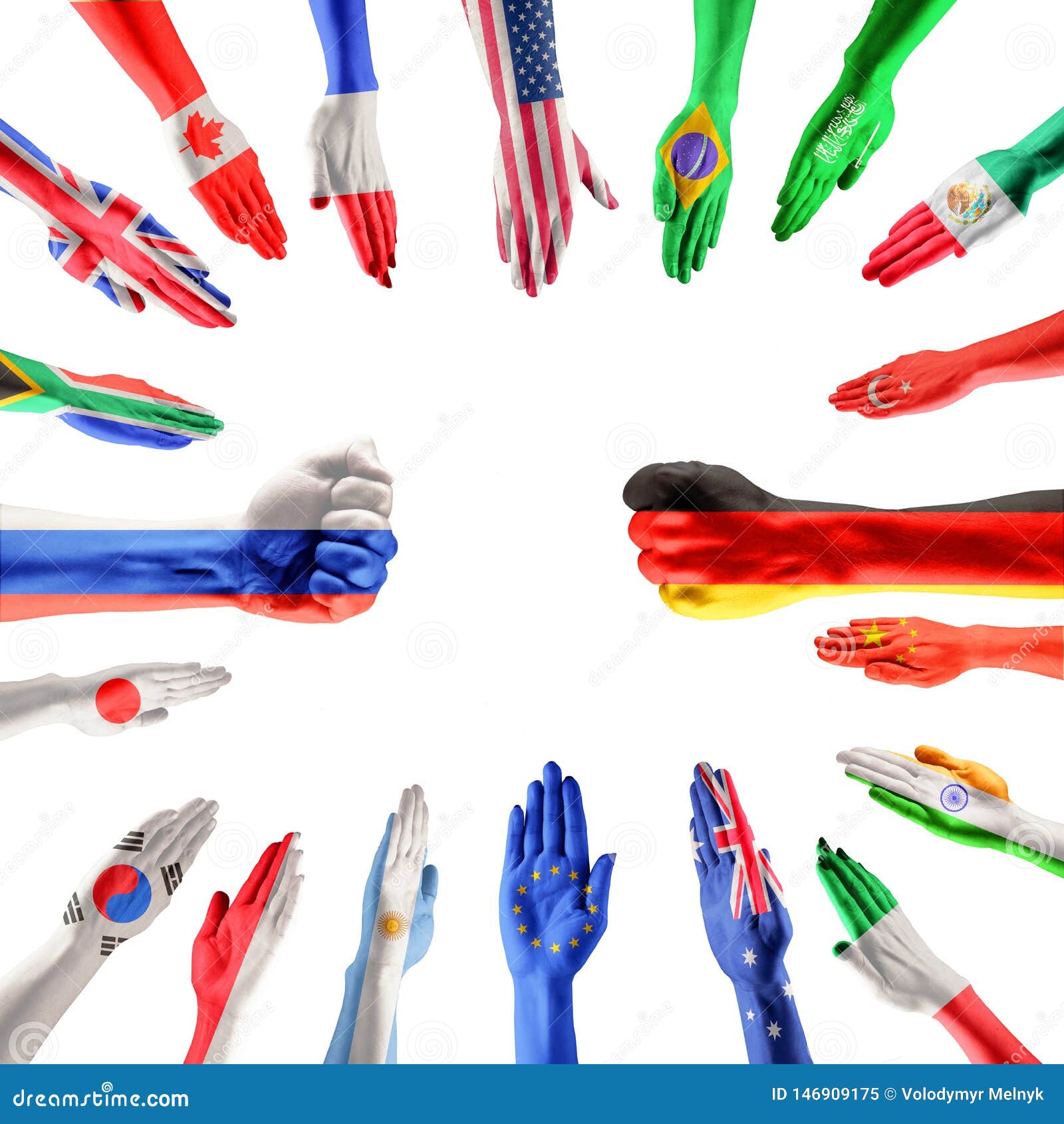 Hands Colored in Flags of Participating Countries of the Group of