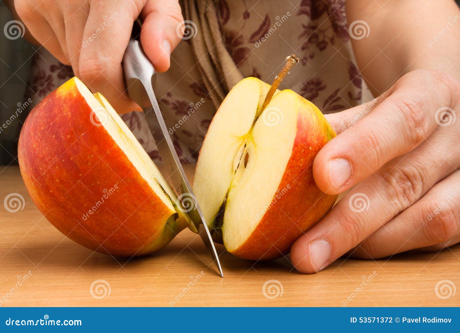 Hands cutting an apple stock photo. Image of eating, indoors 53571372
