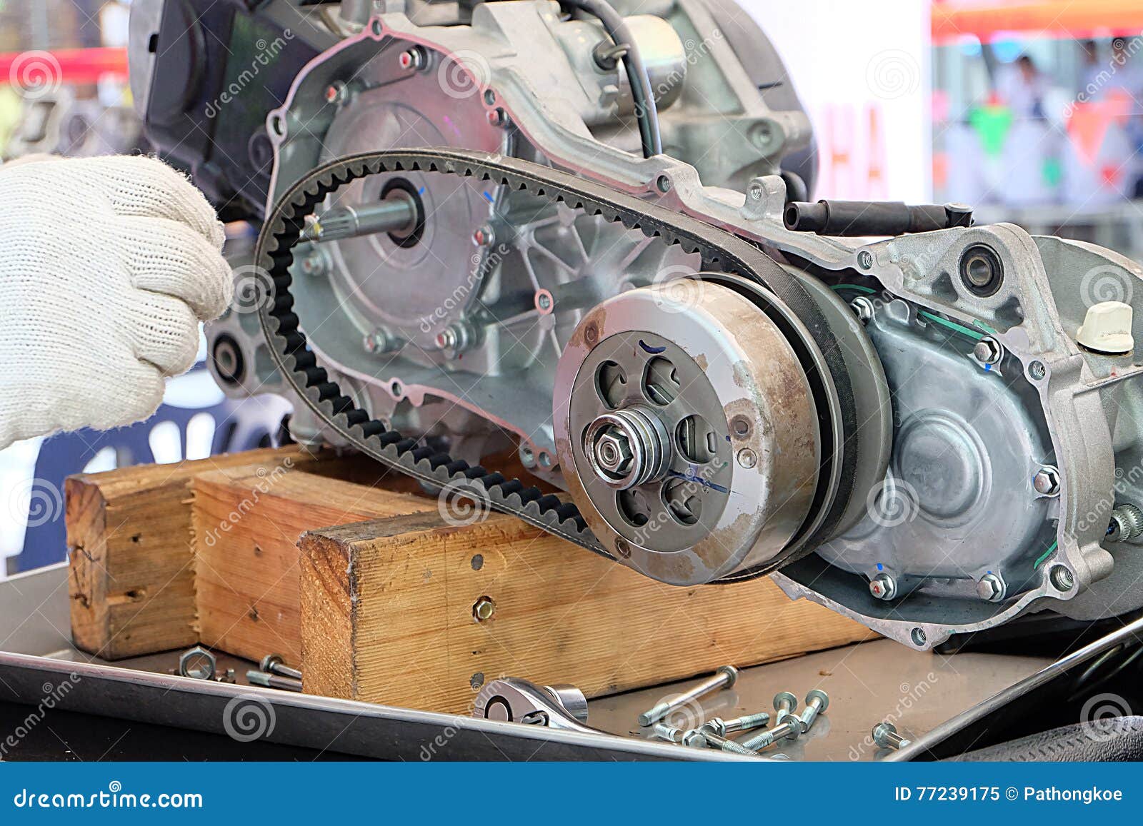 Hands of Disassembly Kit Motorcycle in Repair Service. Stock Image