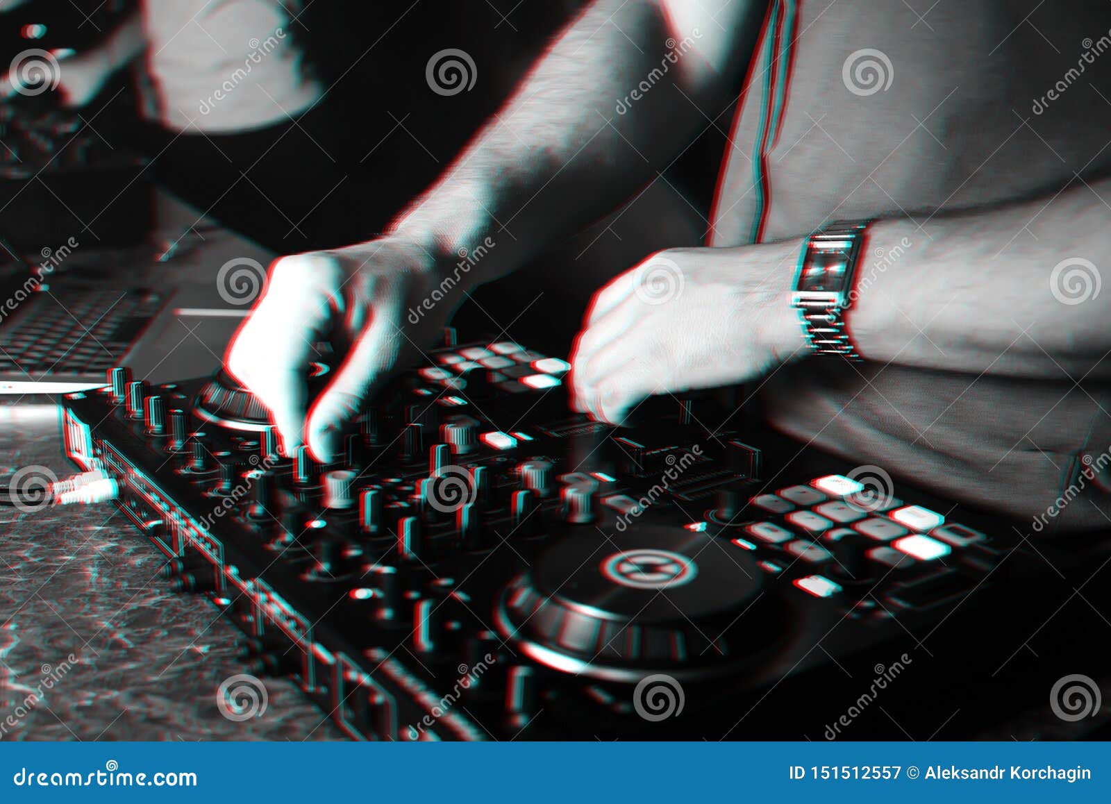 Hands Of A Dj In A Booth Playing On The Mixer Stock Image Image