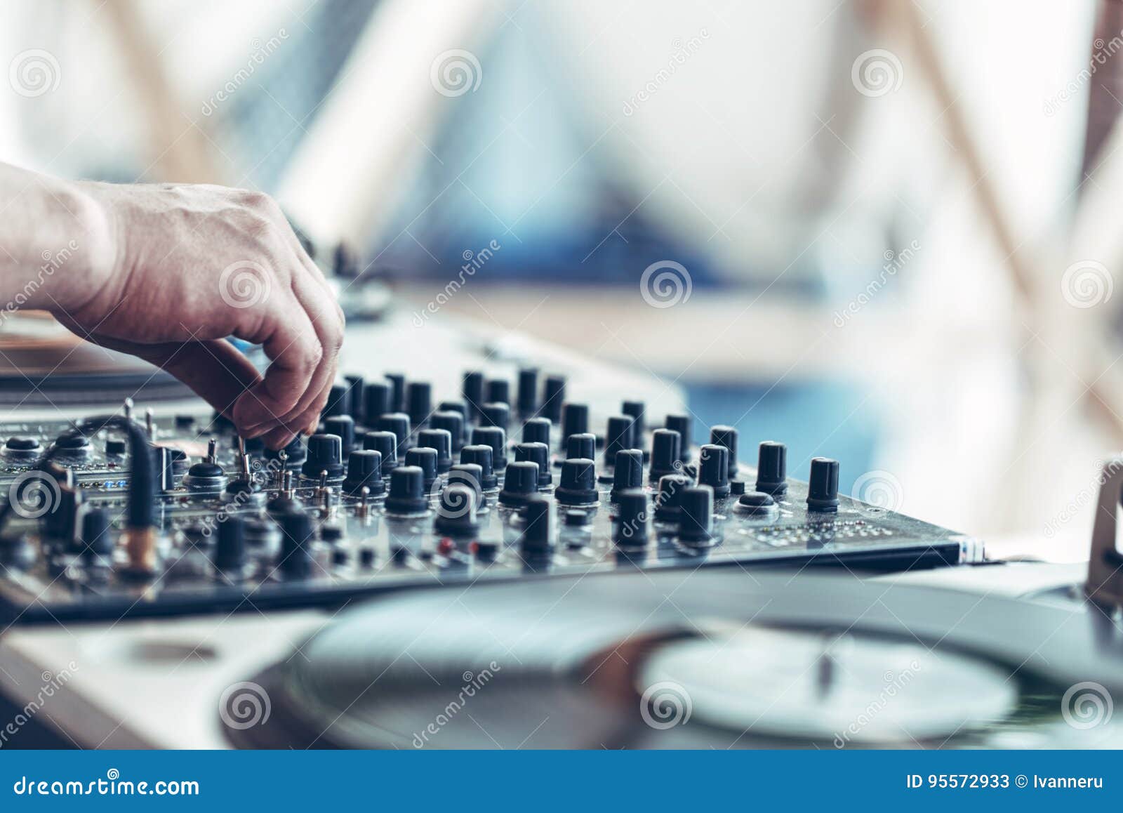 Hands of DJ mixing music stock image. Image of board 95572933