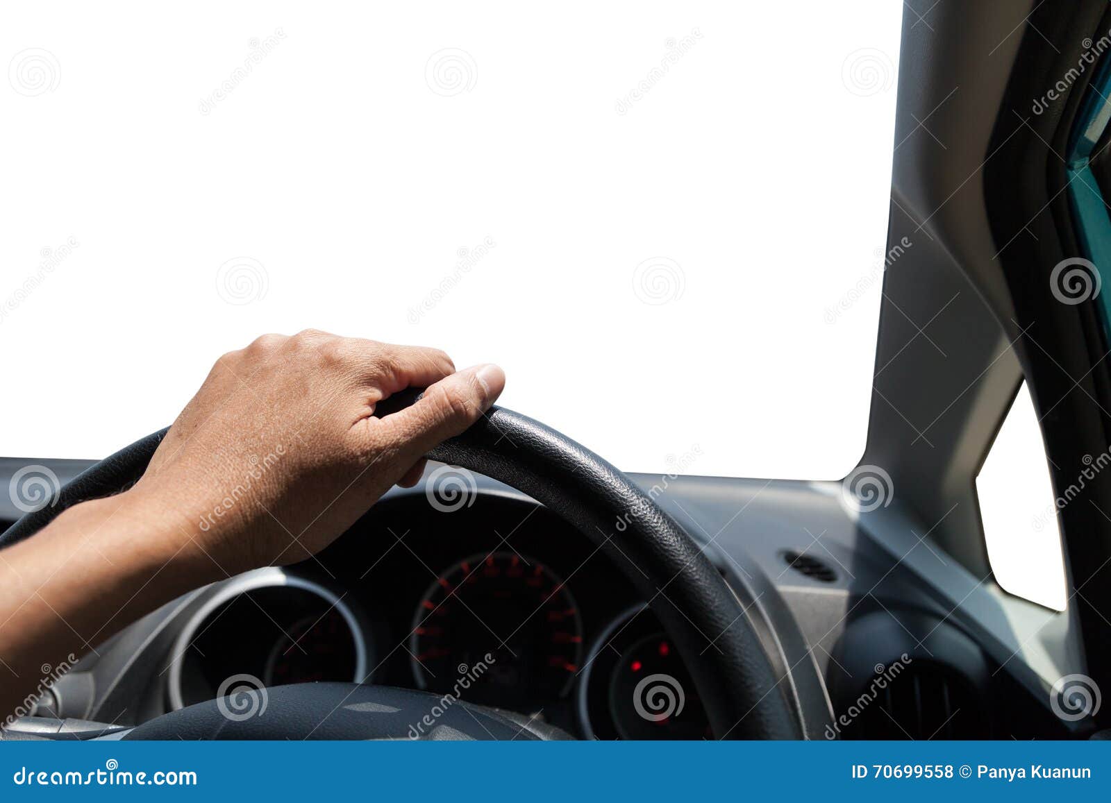 Hands of a Driver on Steering Wheel of Car on White Background. Stock