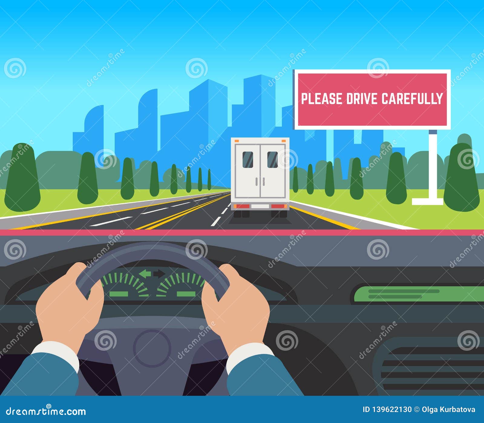 hands driving car. auto inside dashboard driver speed road overtaking street traffic travel billboard flat 