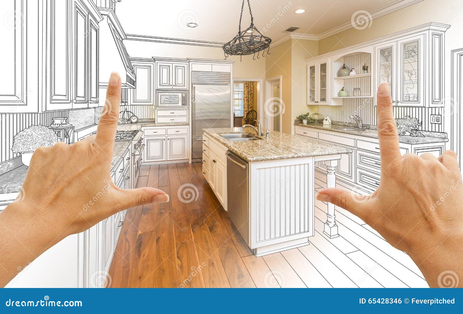 hands framing gradated custom kitchen  drawing and photo c
