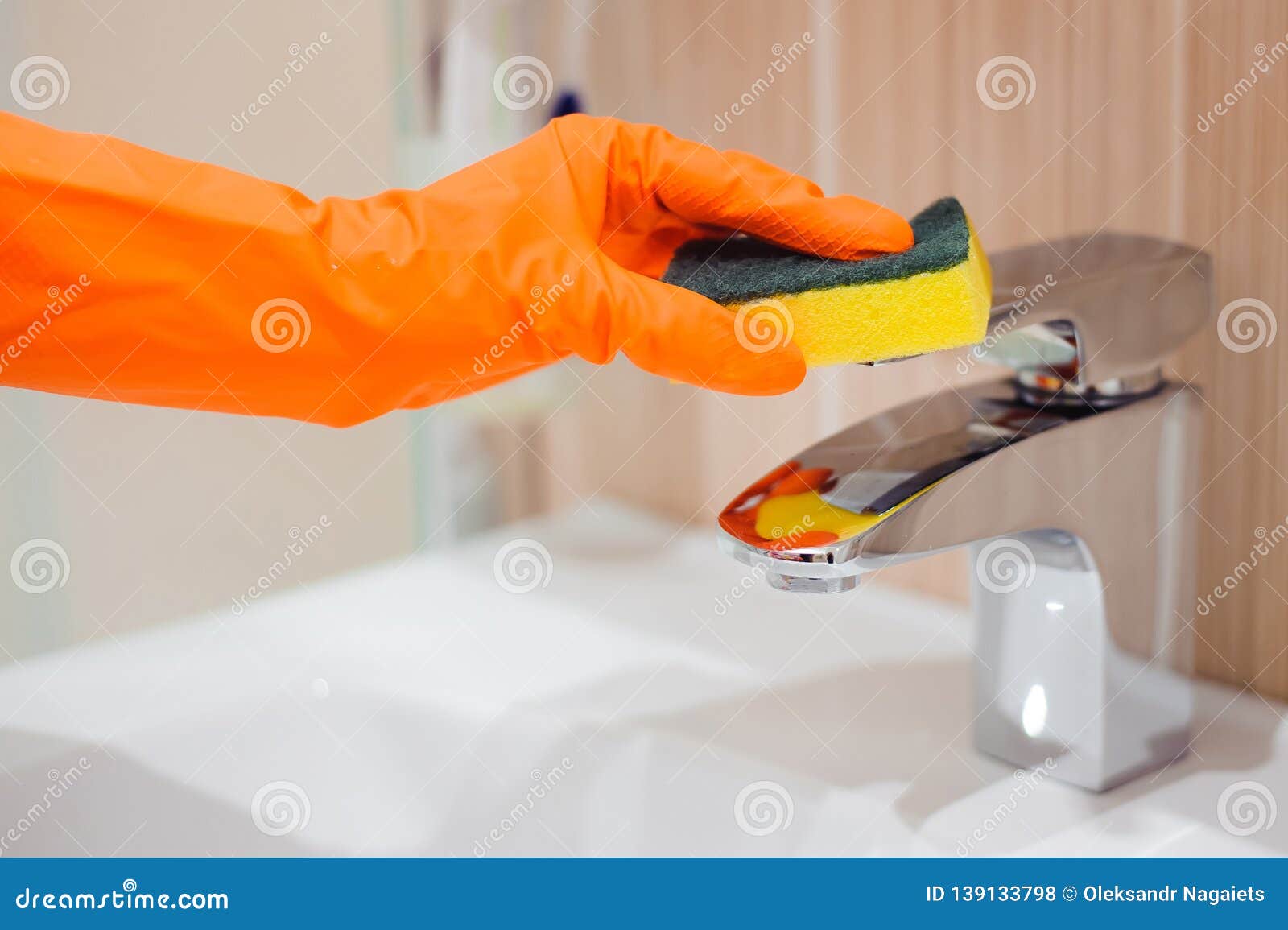 Hands in Gloves with Rubber Cleaning Bath Faucet. Stock Photo Image of basin, interior 139133798