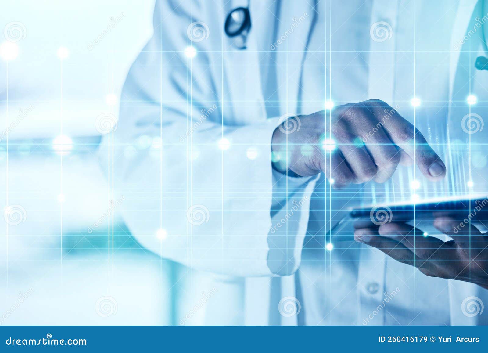 hands, healthcare and future with a doctor using a tablet in a hospital with digital overlay or cgi. data, ai and
