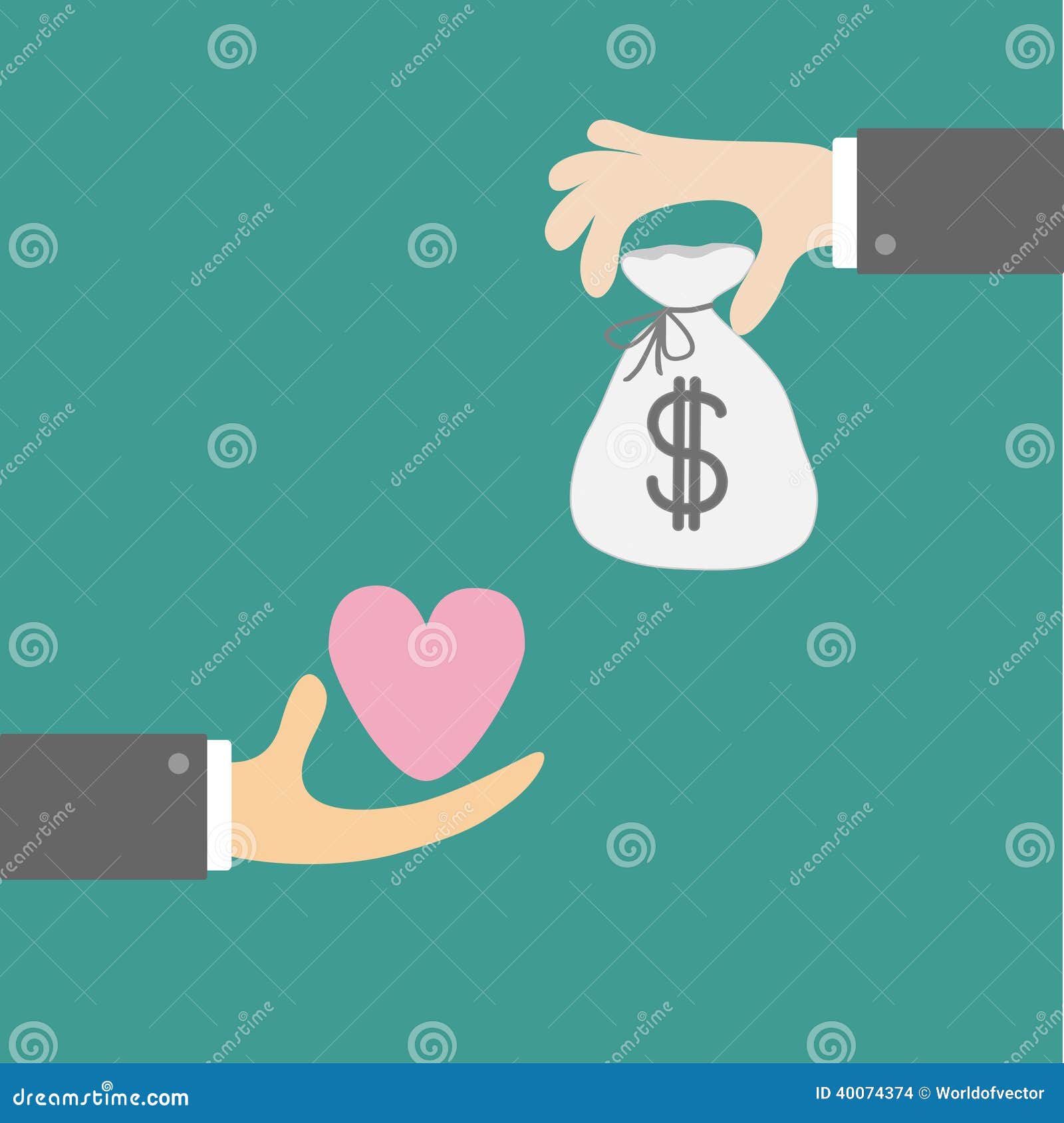 Hands with Heart and Money Bag. Exchanging Concept Stock Vector