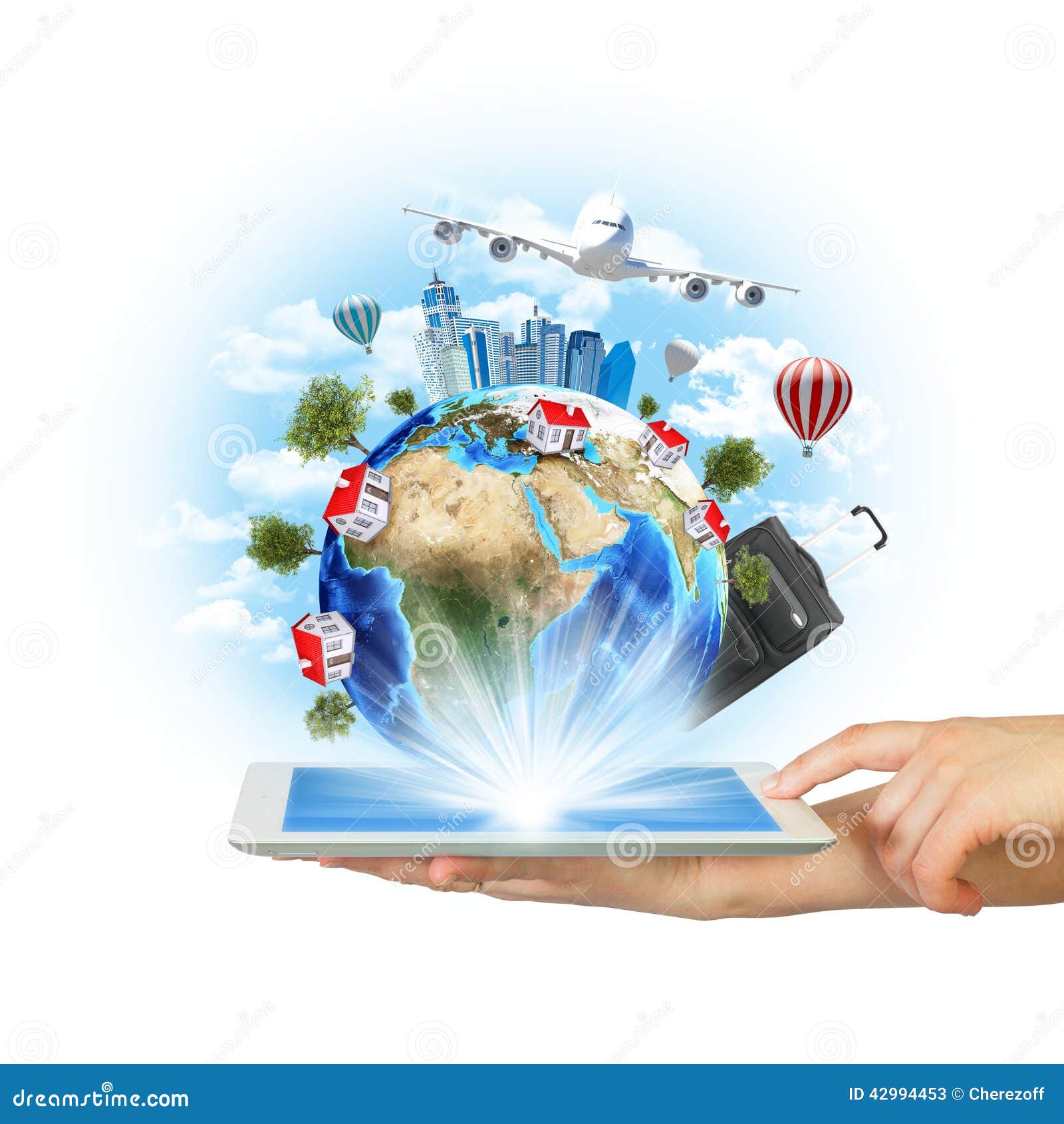 Hands Hold Tablet Pc with Earth and Buildings Stock Image - Image of ...