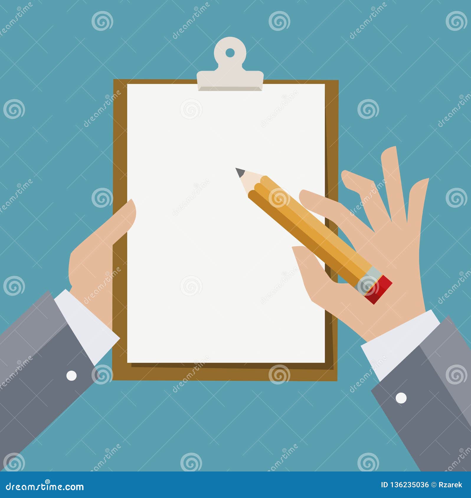 Hands Holding Clipboard with Sheet of Paper and Pencil. - Illustration ...