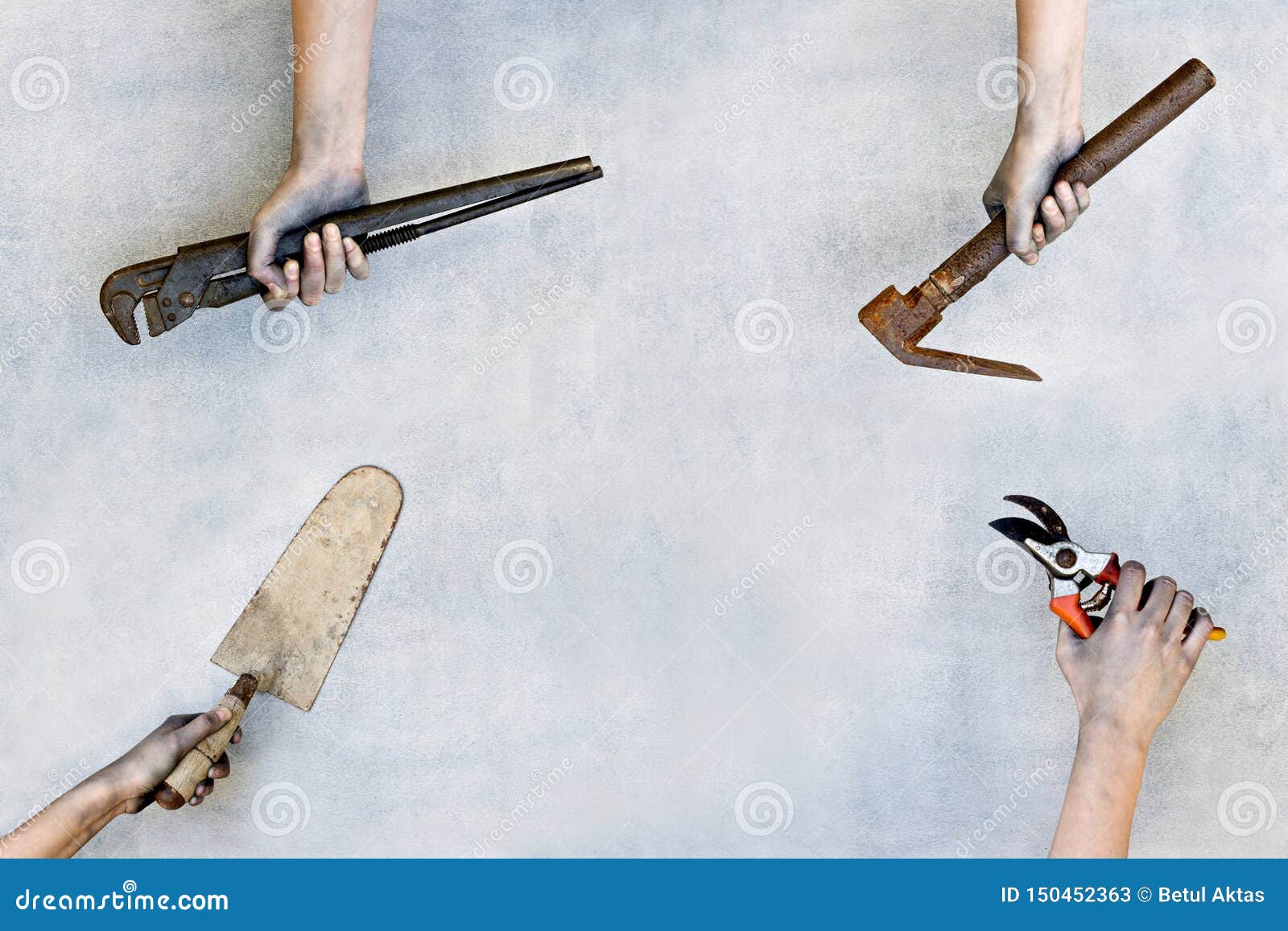 Hands Holding Construction Tools on Gray Background. Stock Image Image of construction, pipe