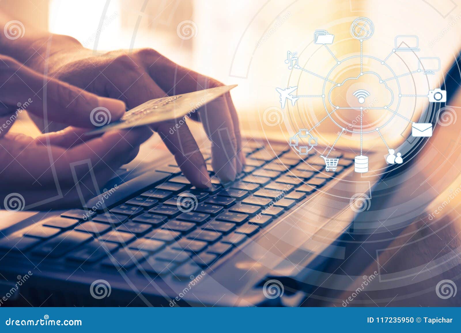 Hands Holding Credit Card and Using Laptop for Online Shopping and