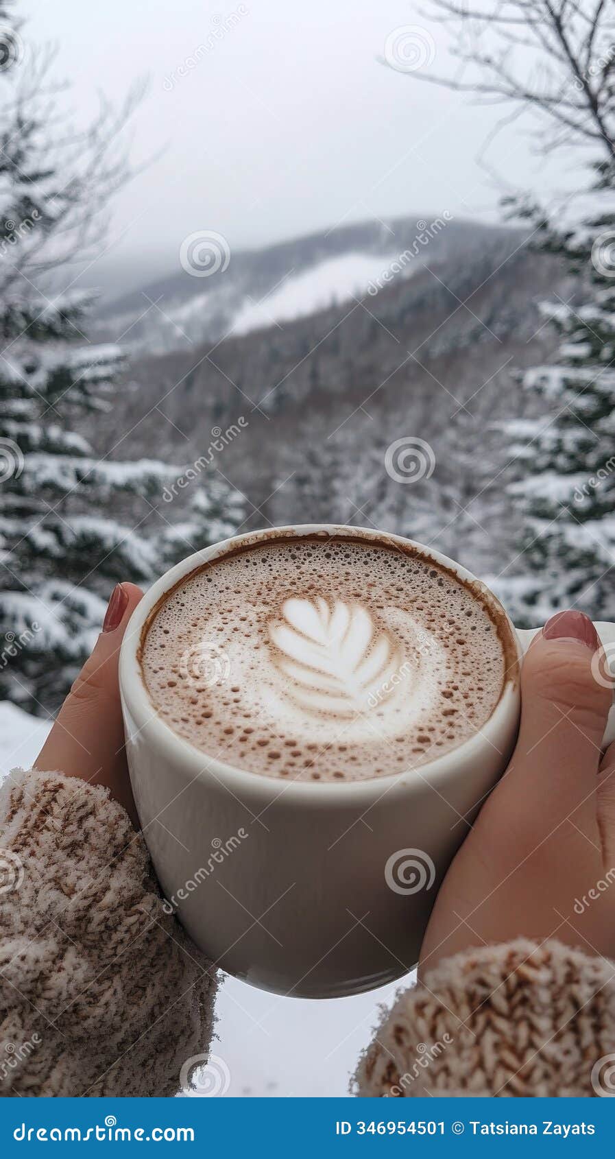 hands holding a cup of latte art in snowy landscape, winter forest. mysig style. pov vertical image