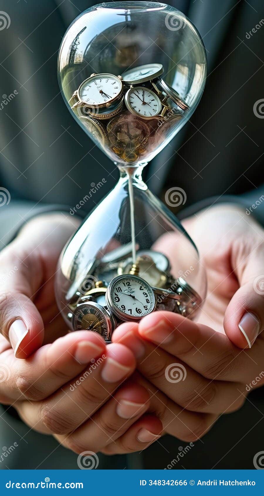 hands holding an hourglass with layers of timepieces in double exposure