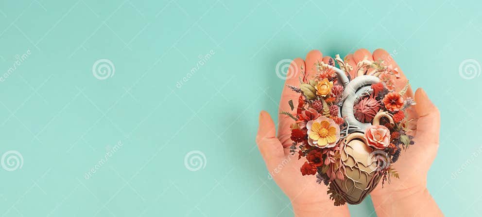 Hands Holding Human Heart With Flowers Love And Emotion Concept Good Hands Holding Human Heart With Flowers Love And Emotion Concept Good