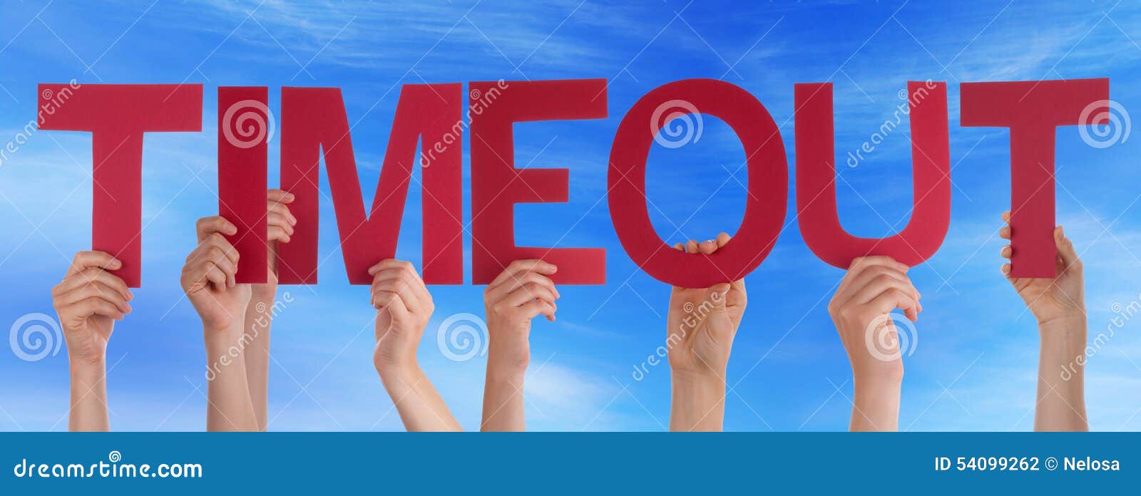 hands holding red straight word timeout blue sky