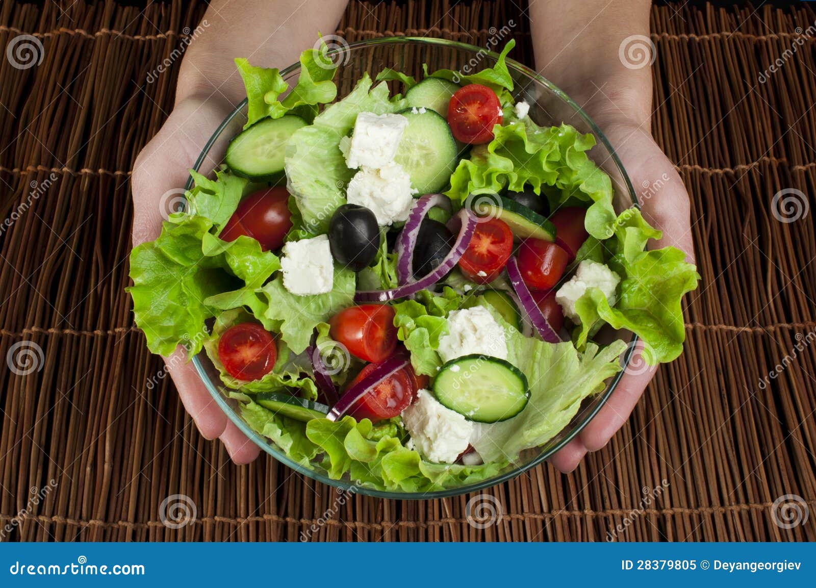 Hands Holding Salad in a Glass Bowl Stock Image Image of dish