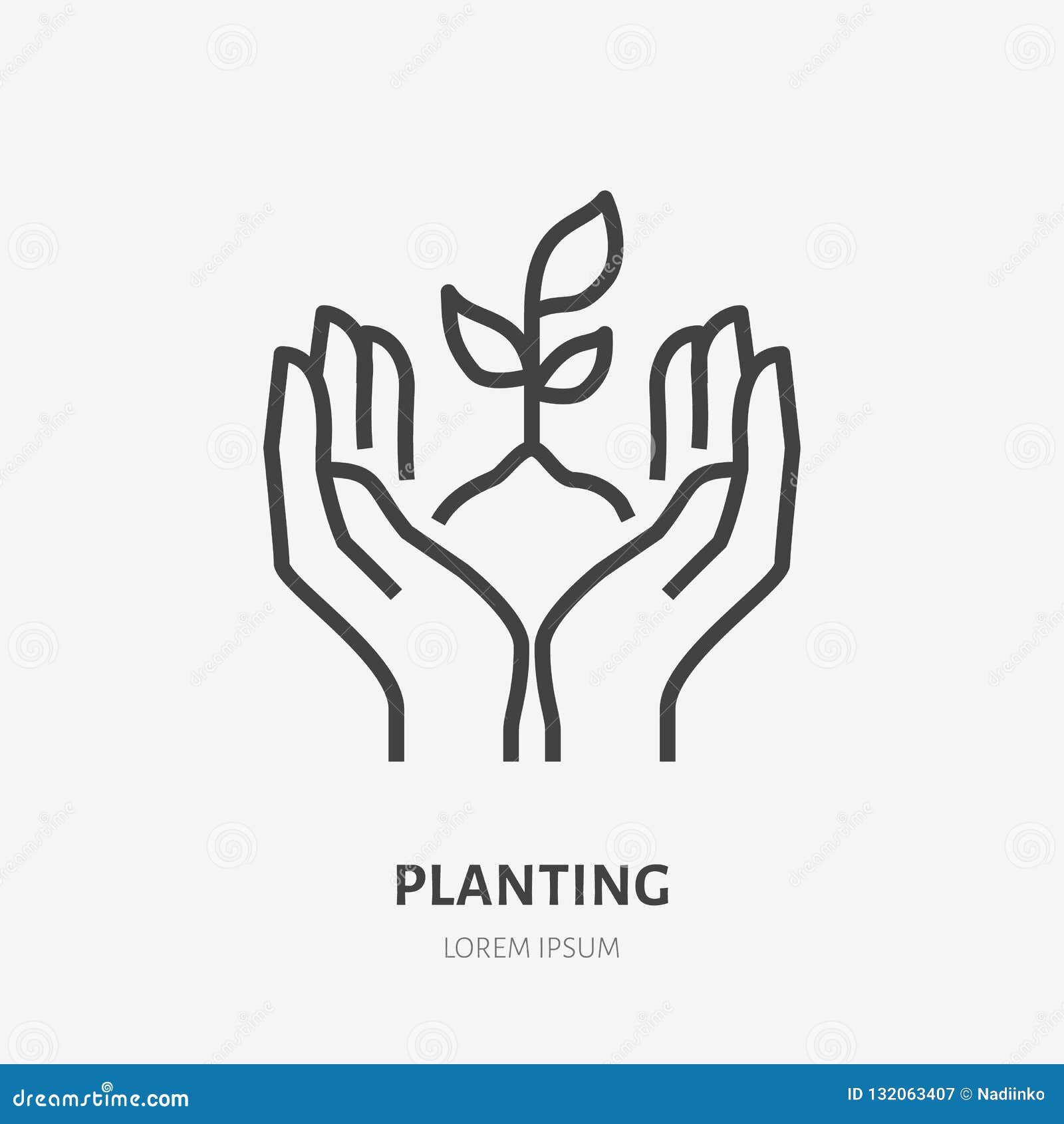 hands holding soil with plant flat line icon.  thin sign of environment protection, ecology concept logo