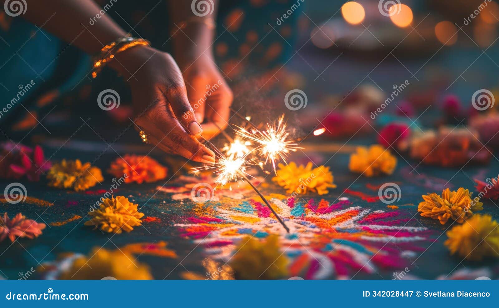 hands holding sparklers in a joyful festival scene, with vibrant rangoli s and flowers in the background, glowing