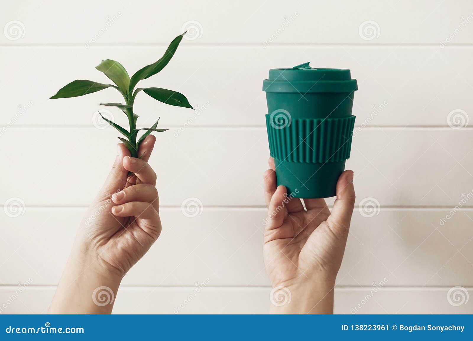 hands holding stylish reusable eco coffee cup and green bamboo leaves on white wooden background. zero waste. green cup from